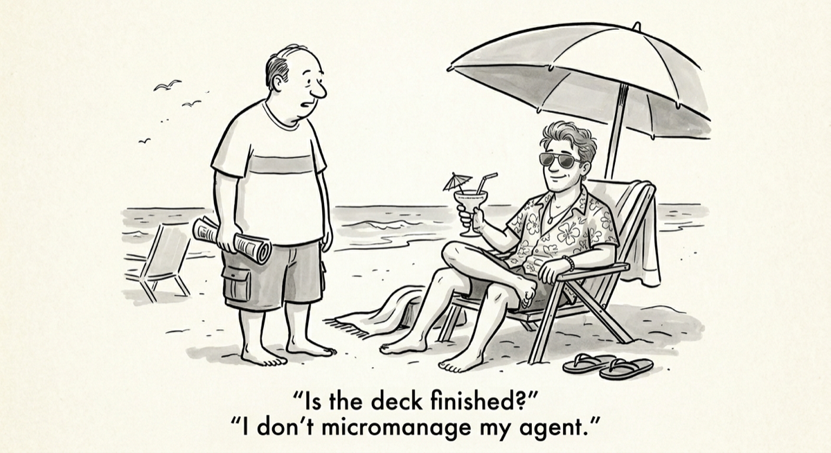 Cartoon: relaxed on the beach — 'Is the deck finished?' 'I don't micromanage my agent.'