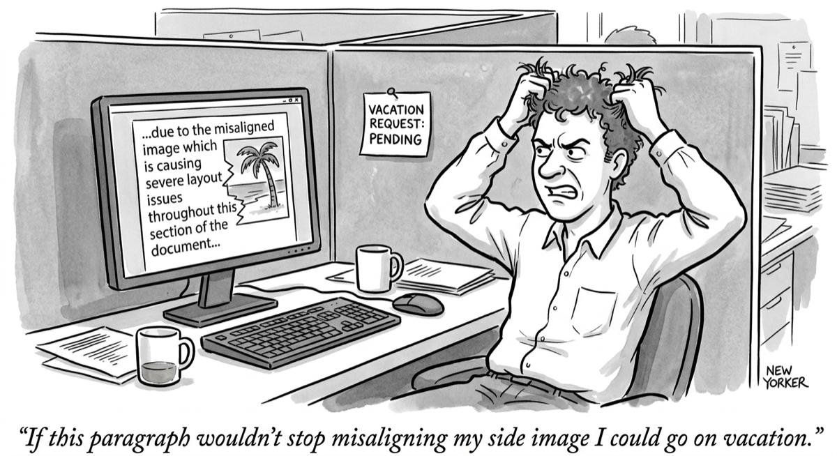 Cartoon: frustrated worker fighting a misaligned side image — 'If this paragraph wouldn't stop misaligning my side image I could go on vacation.'