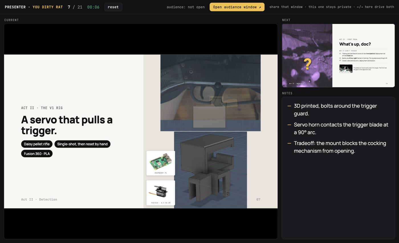 Presenter mode — current slide with speaker notes, next-slide preview, timer, and an Open audience window button