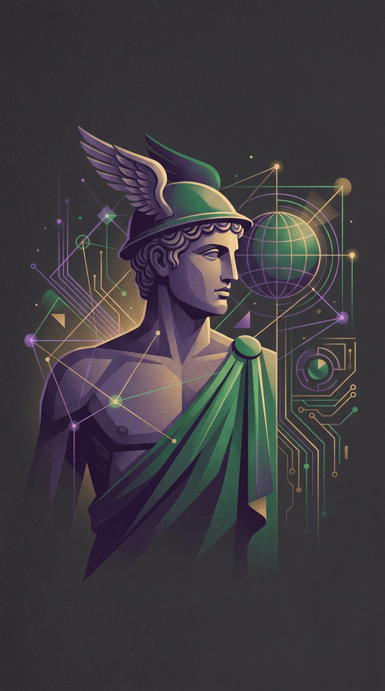 Hermes statue with digital network lines
