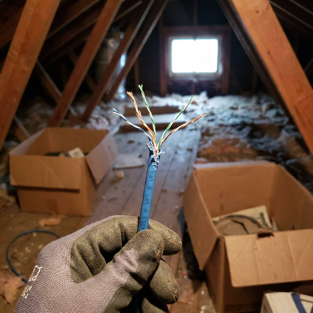 Chewed Cat-6 cable held in a gloved hand, attic in background