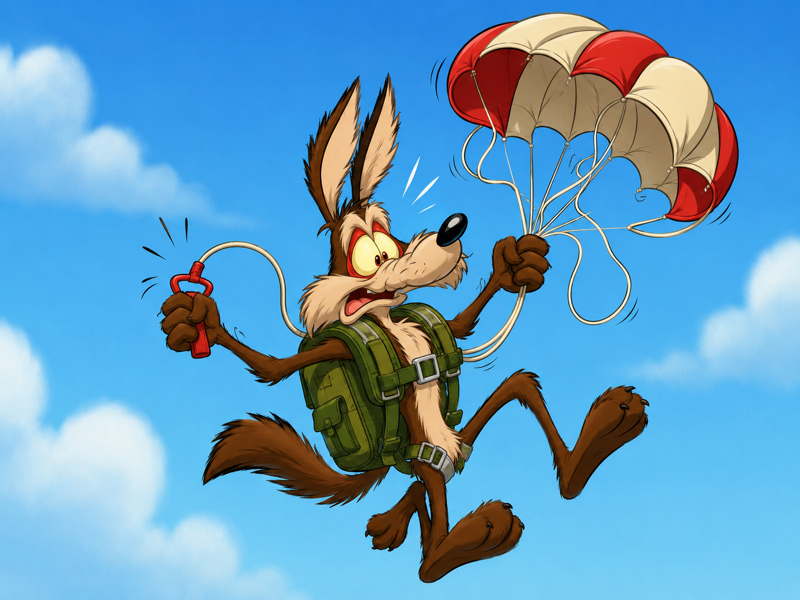 Wile E. Coyote falling with a tangled parachute