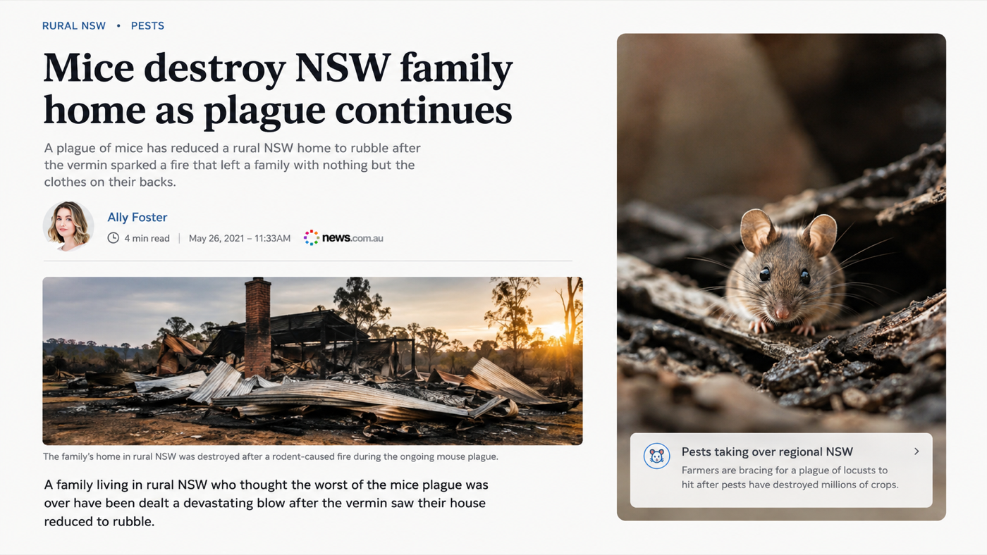 News article: Mice destroy NSW family home as plague continues — rodent-caused fire