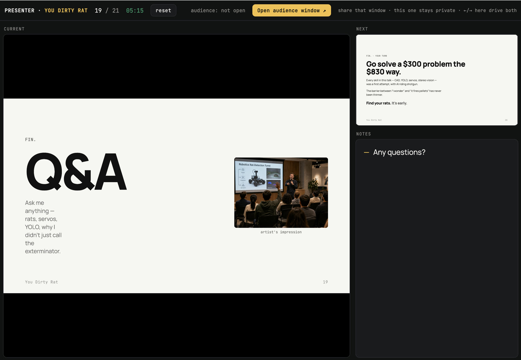 Presenter view of this very deck: current slide, next-slide preview, speaker notes, and the Open audience window button