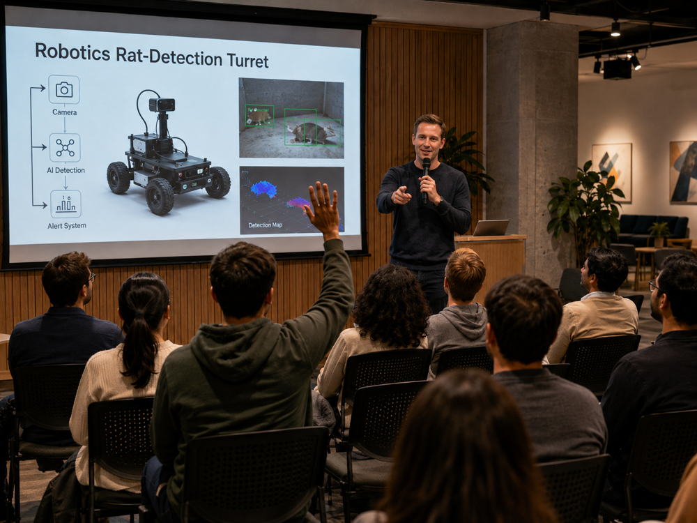 Audience member raising a hand at the rat-detection turret talk