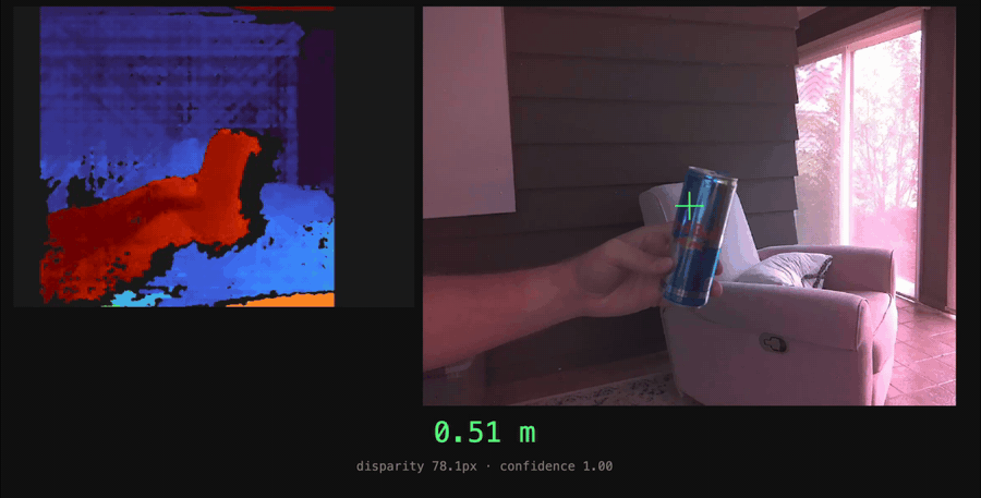 Live disparity heat map (warm = near) beside the camera view ranging a Red Bull can with a metric distance readout