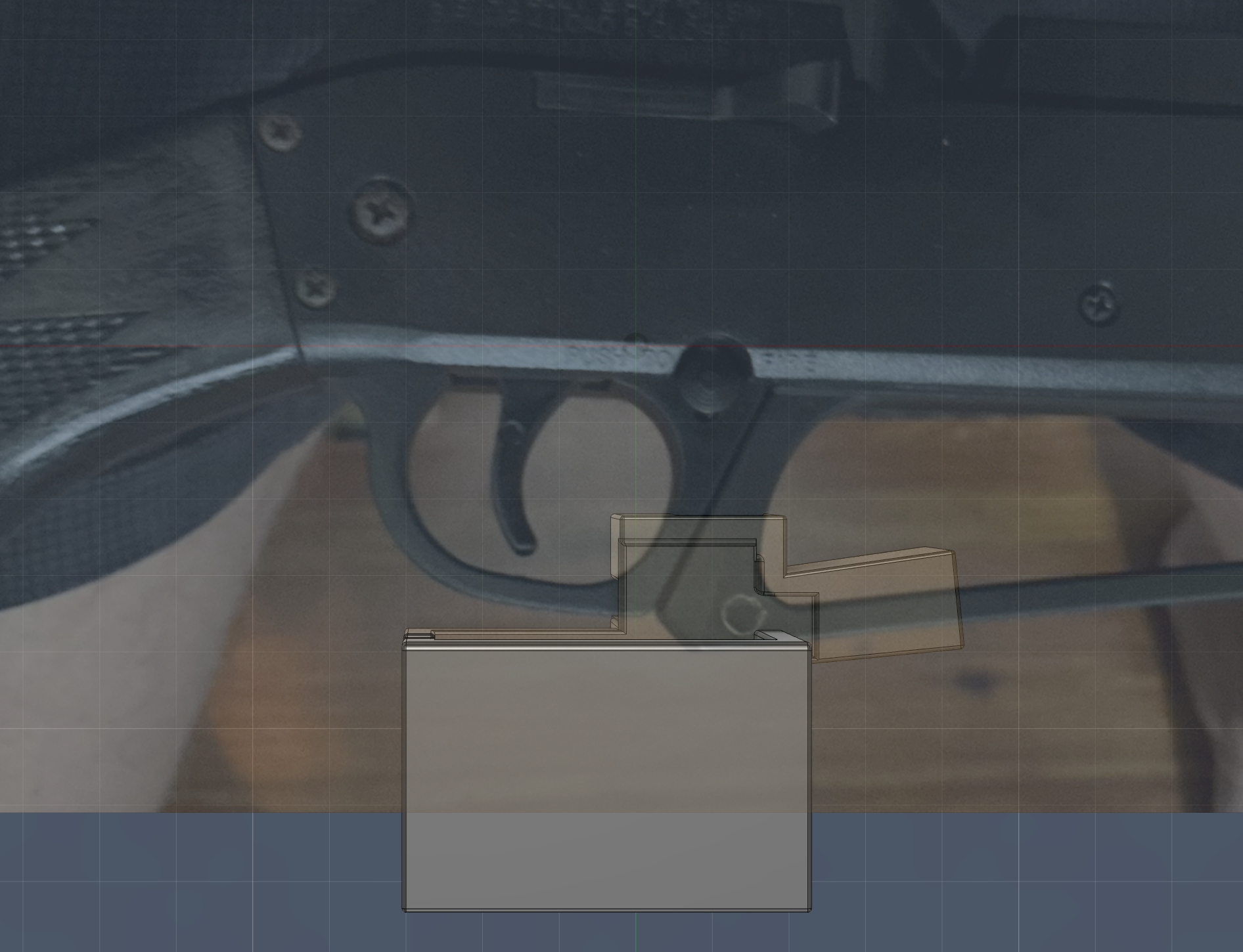 Trigger mount CAD overlaid on the actual Daisy pellet rifle trigger
