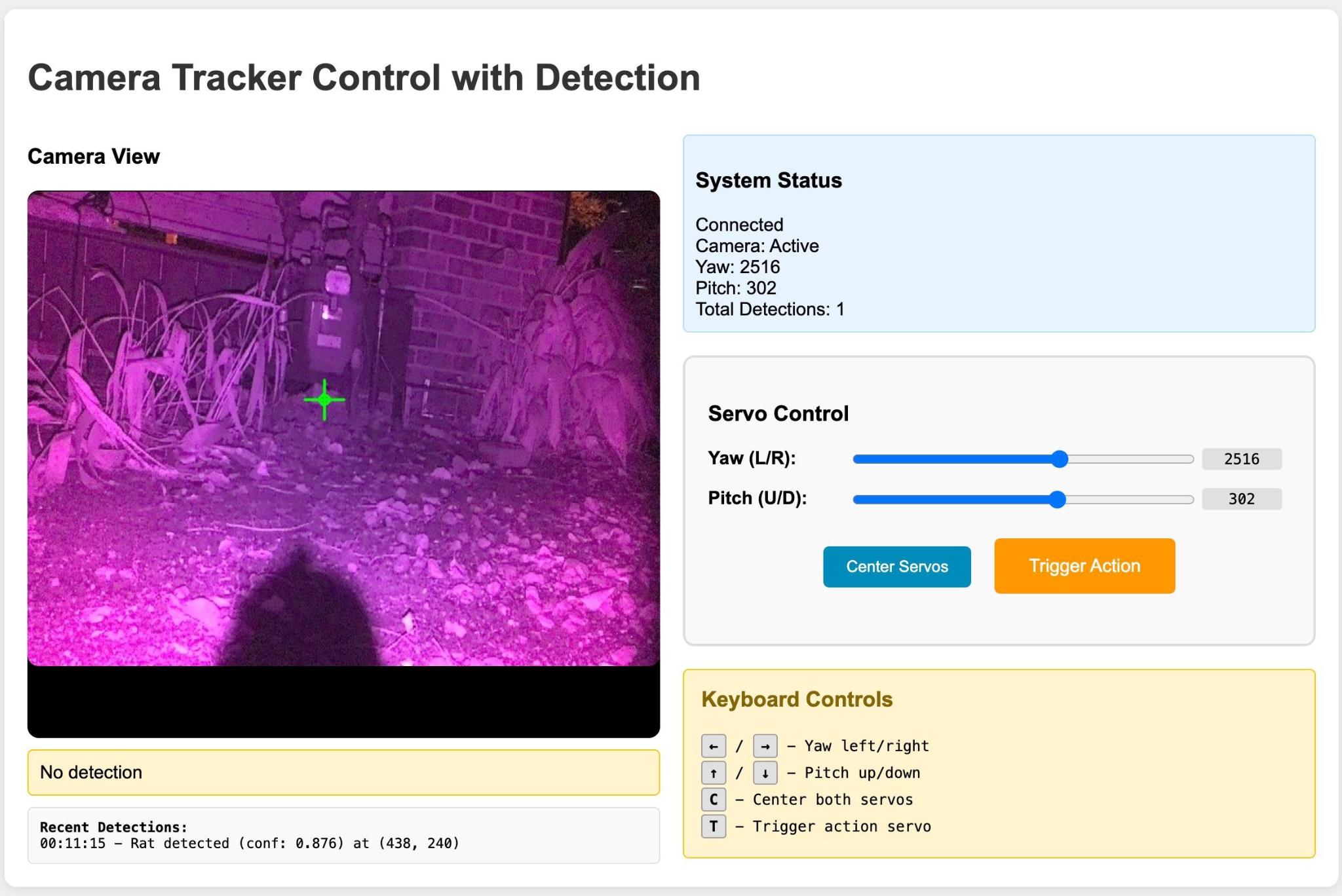Camera Tracker Control web UI — live camera view with crosshair, servo sliders, trigger button