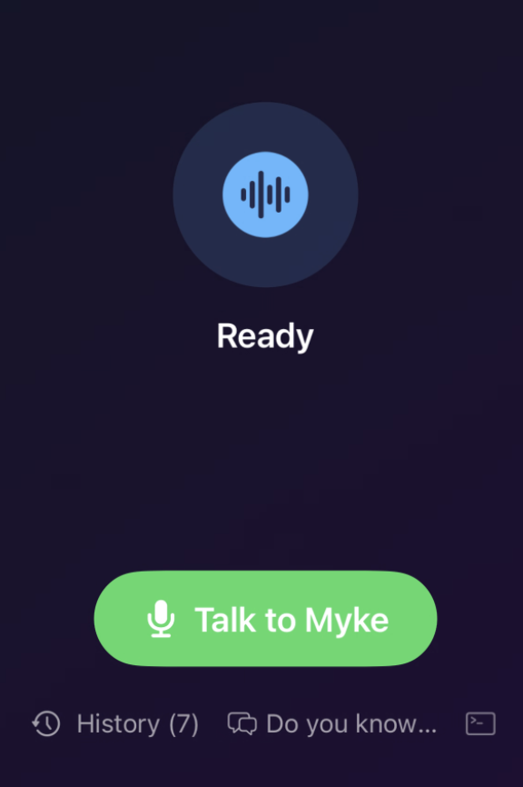 AI Voice Receptionist iOS app showing the Myke interface with Talk button and conversation history