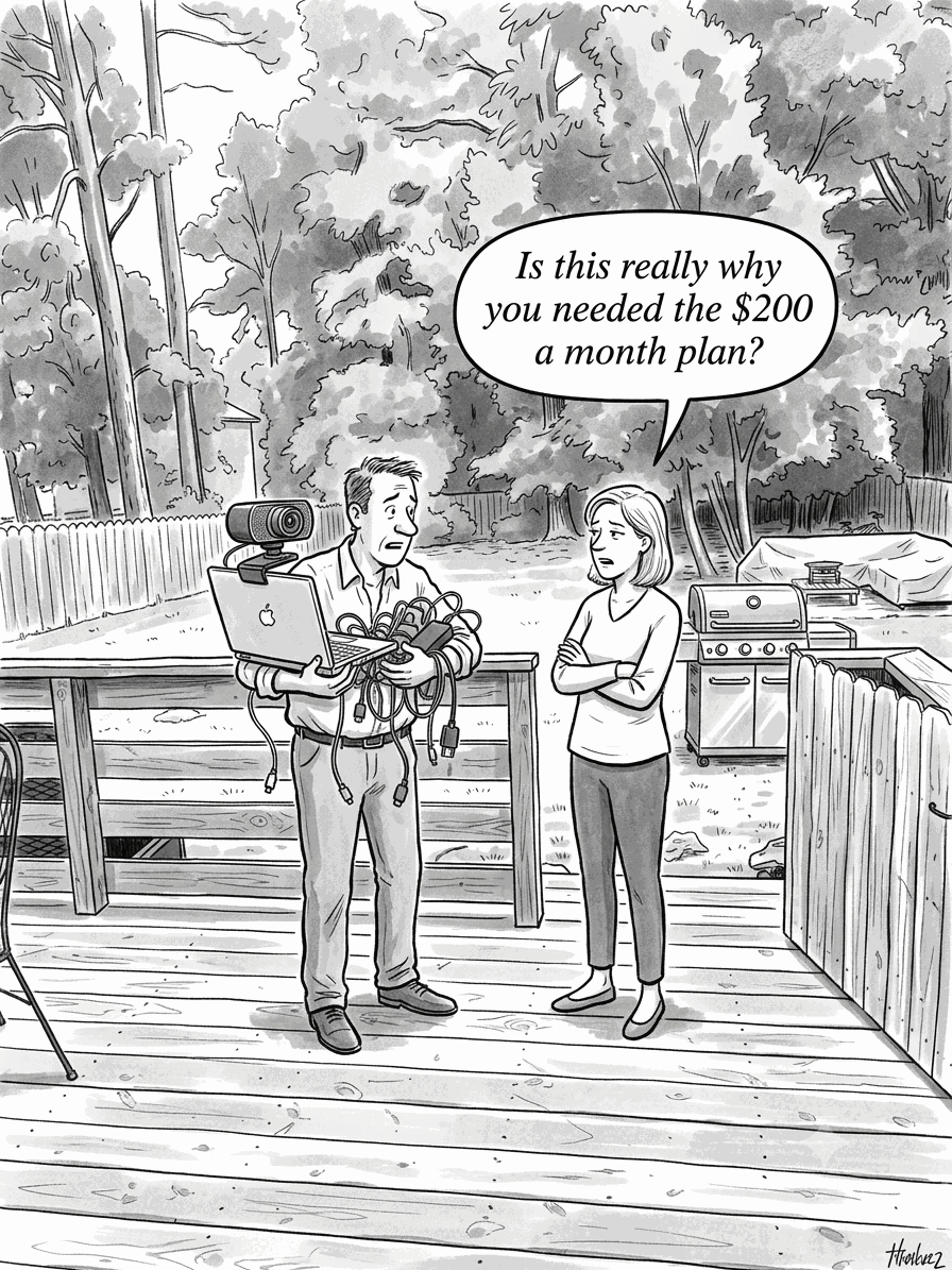 Cartoon of a man on a backyard deck holding a laptop, webcam, and a tangle of cables next to the grill while his wife asks, 'Is this really why you needed the $200 a month plan?'