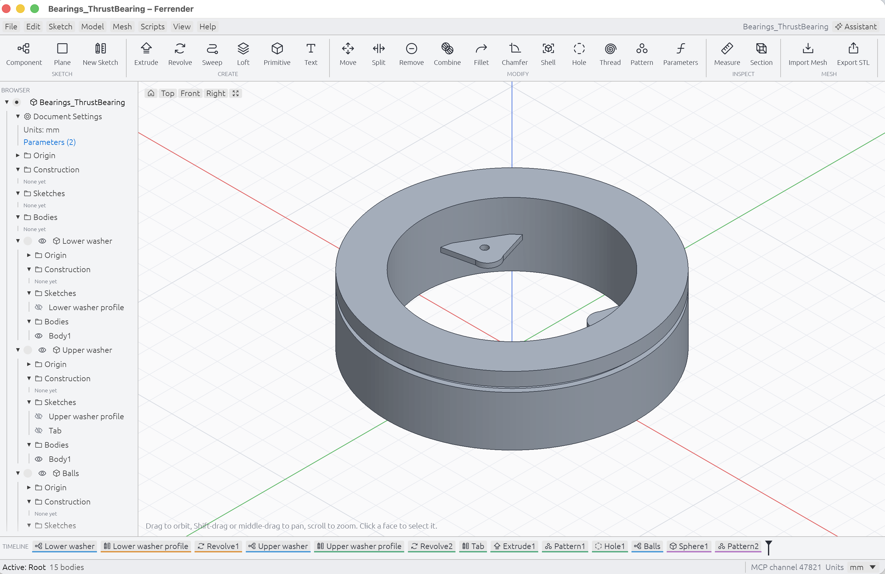 Ferrender showing the Bearings_ThrustBearing model, transformed from the Fusion loading screen by an OpenAI wizard