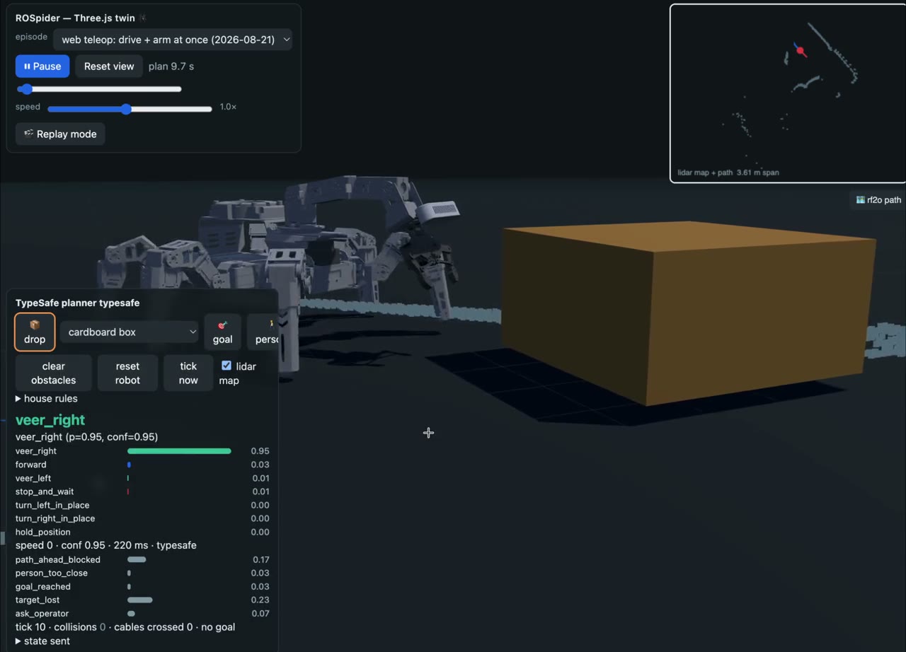 Hexapod robot digital twin planning around a cardboard box with the planner probability HUD